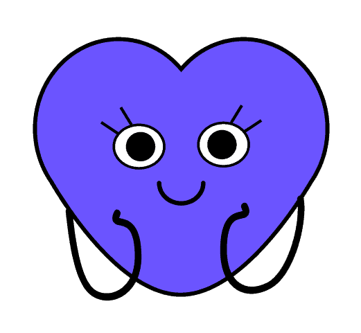 Ein lila Herz mit einem Cartoon-Gesicht, großen, ausdrucksstarken Augen, einem Lächeln. Es hört aufmerksam.